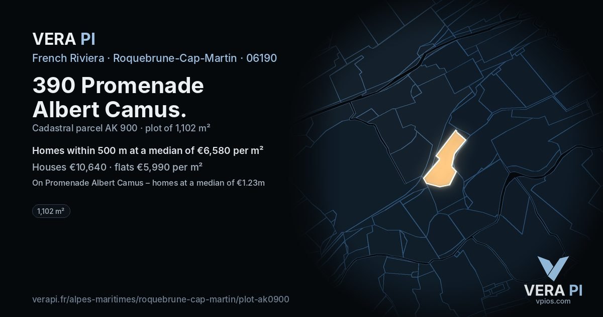 390 Promenade Albert Camus, Roquebrune-Cap-Martin at night – the plot lit, the parcels around coloured by the prices near them