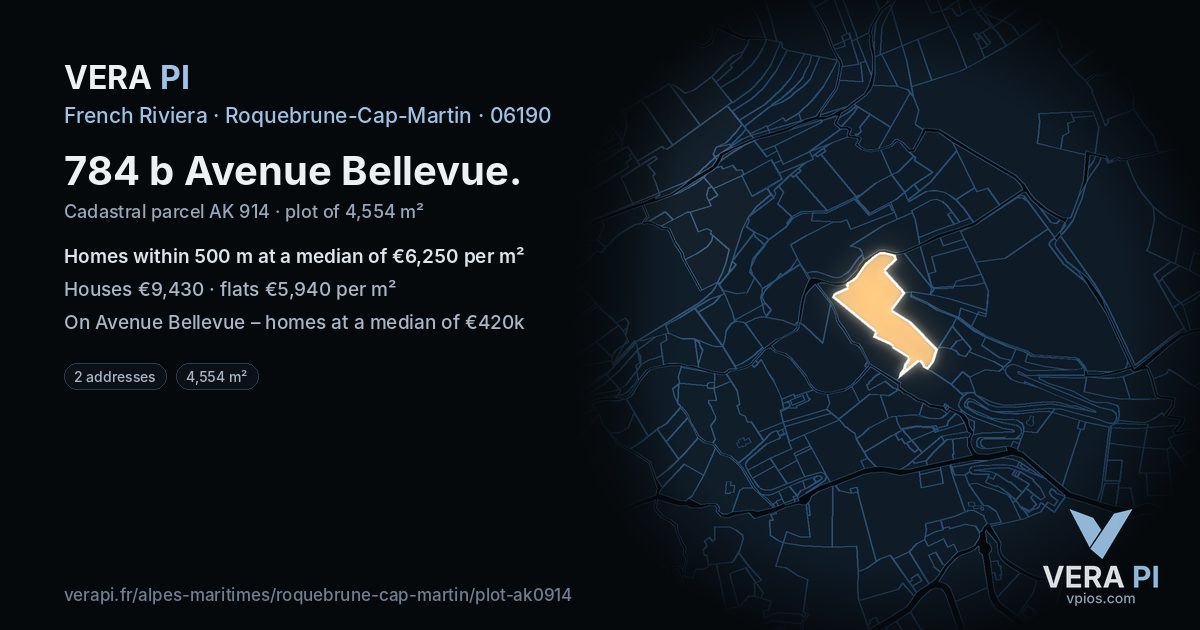 784 b Avenue Bellevue, Roquebrune-Cap-Martin at night – the plot lit, the parcels around coloured by the prices near them