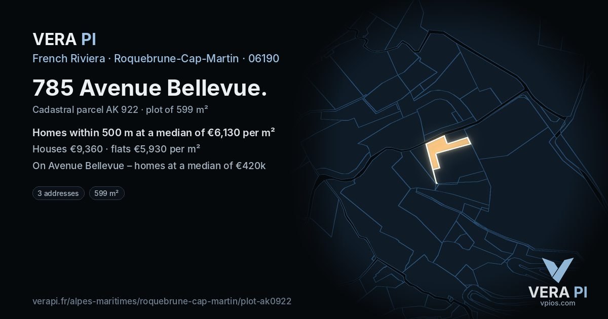 785 Avenue Bellevue, Roquebrune-Cap-Martin at night – the plot lit, the parcels around coloured by the prices near them