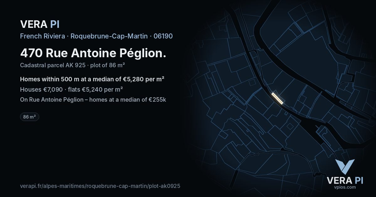 470 Rue Antoine Péglion, Roquebrune-Cap-Martin at night – the plot lit, the parcels around coloured by the prices near them
