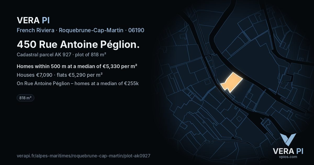 450 Rue Antoine Péglion, Roquebrune-Cap-Martin at night – the plot lit, the parcels around coloured by the prices near them