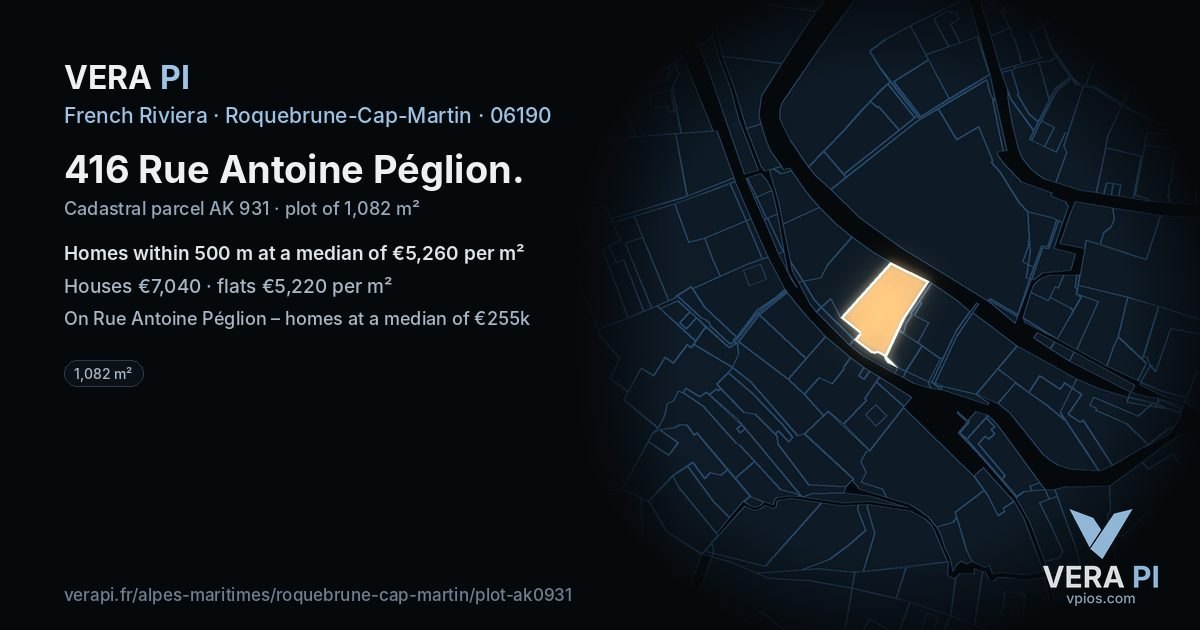 416 Rue Antoine Péglion, Roquebrune-Cap-Martin at night – the plot lit, the parcels around coloured by the prices near them