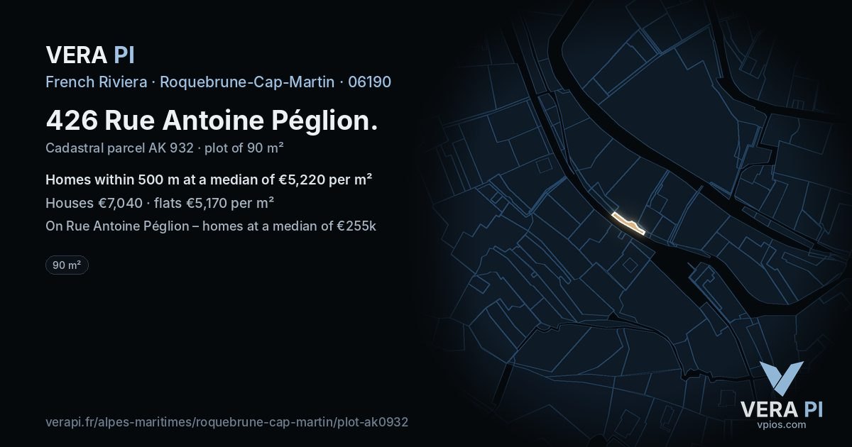 426 Rue Antoine Péglion, Roquebrune-Cap-Martin at night – the plot lit, the parcels around coloured by the prices near them
