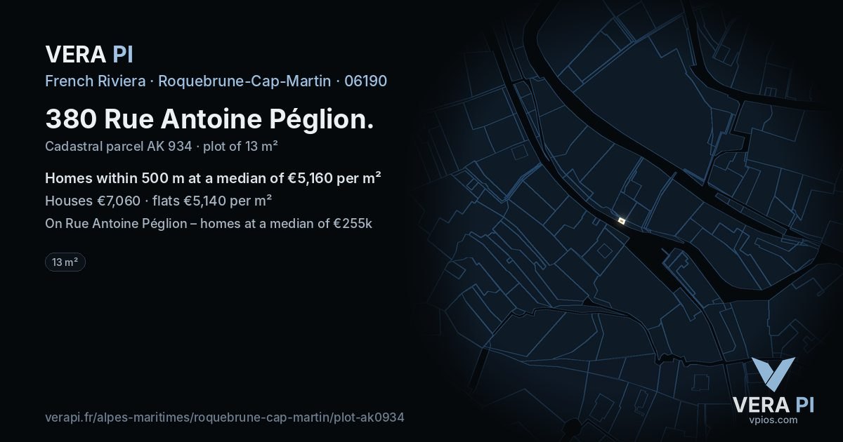 380 Rue Antoine Péglion, Roquebrune-Cap-Martin at night – the plot lit, the parcels around coloured by the prices near them