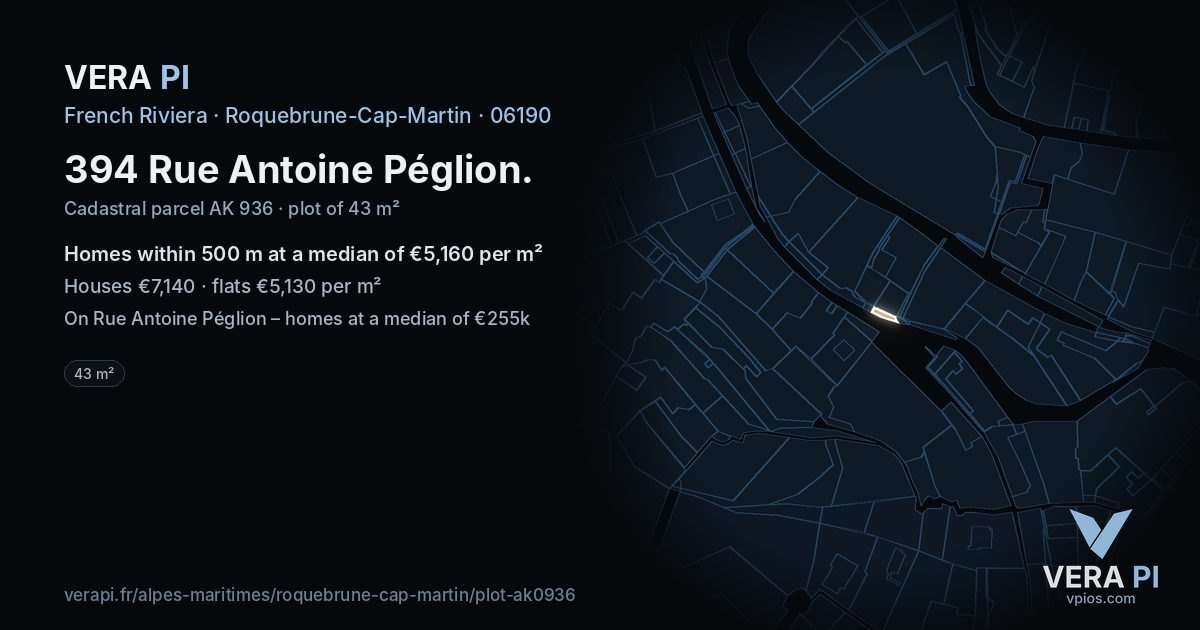 394 Rue Antoine Péglion, Roquebrune-Cap-Martin at night – the plot lit, the parcels around coloured by the prices near them