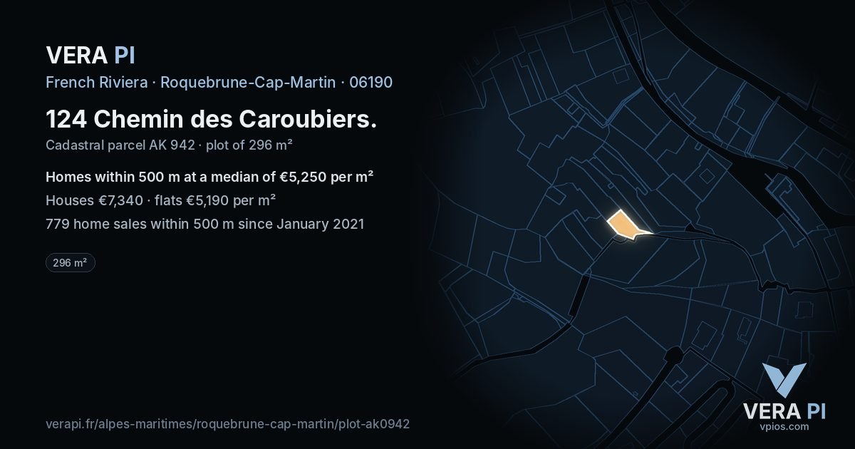 124 Chemin des Caroubiers, Roquebrune-Cap-Martin at night – the plot lit, the parcels around coloured by the prices near them