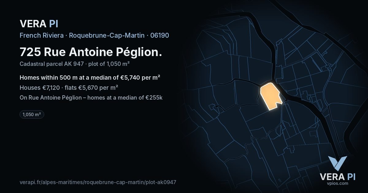 725 Rue Antoine Péglion, Roquebrune-Cap-Martin at night – the plot lit, the parcels around coloured by the prices near them