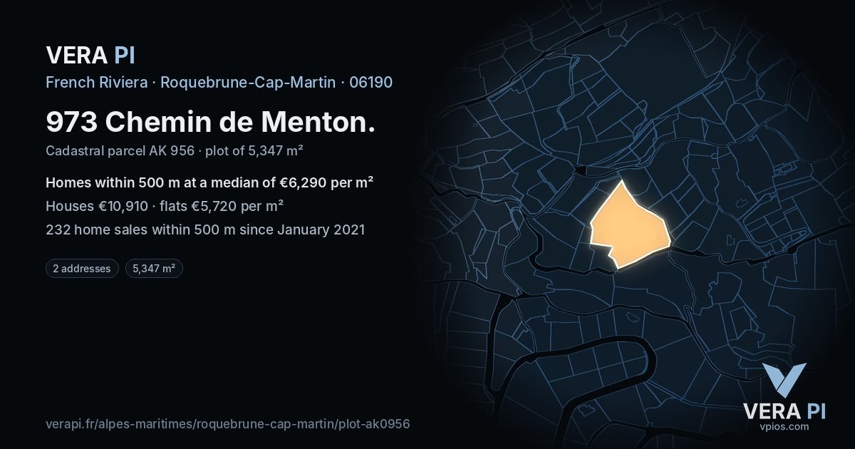 973 Chemin de Menton, Roquebrune-Cap-Martin at night – the plot lit, the parcels around coloured by the prices near them