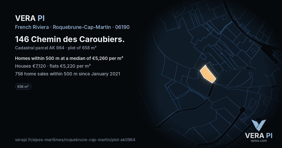 146 Chemin des Caroubiers, Roquebrune-Cap-Martin at night – the plot lit, the parcels around coloured by the prices near them