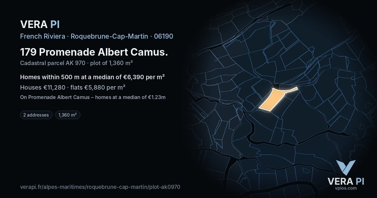 179 Promenade Albert Camus, Roquebrune-Cap-Martin at night – the plot lit, the parcels around coloured by the prices near them