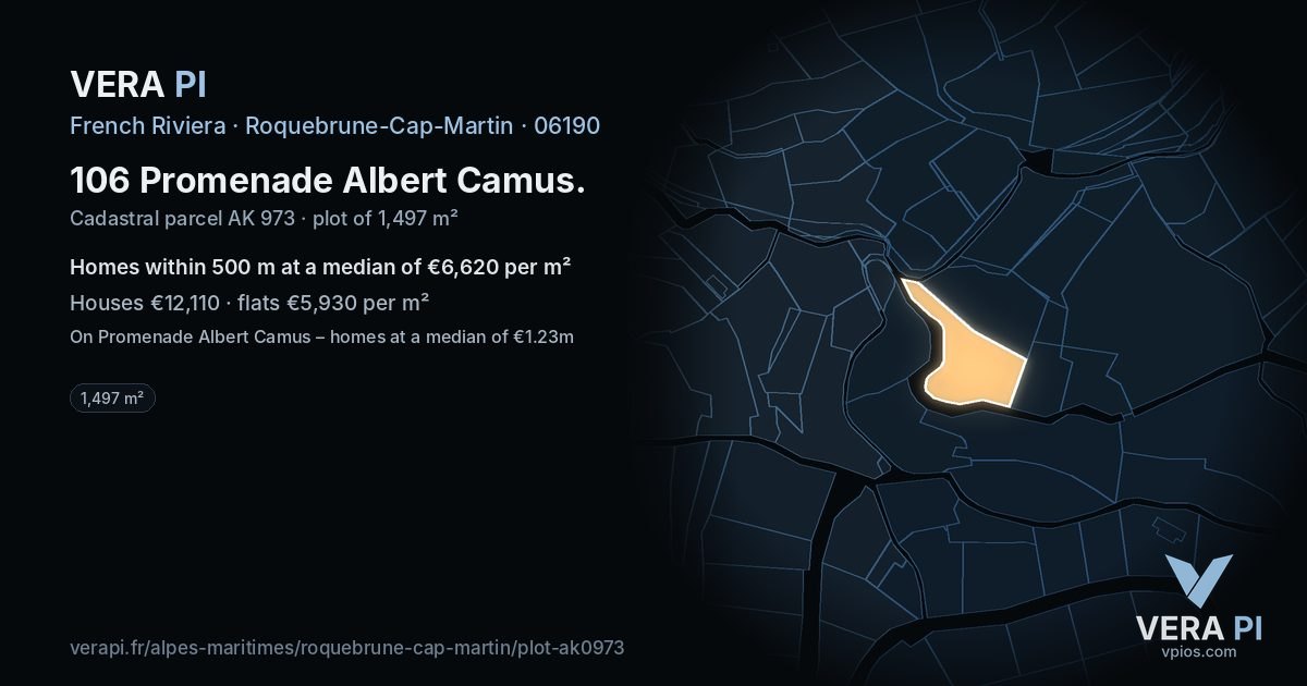 106 Promenade Albert Camus, Roquebrune-Cap-Martin at night – the plot lit, the parcels around coloured by the prices near them