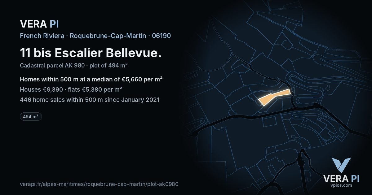 11 bis Escalier Bellevue, Roquebrune-Cap-Martin at night – the plot lit, the parcels around coloured by the prices near them