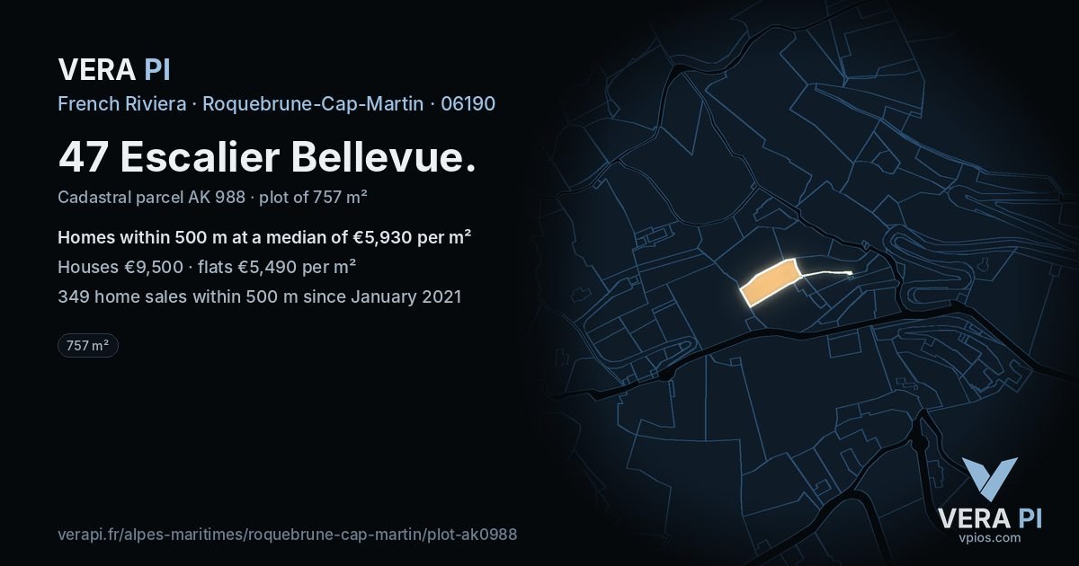 47 Escalier Bellevue, Roquebrune-Cap-Martin at night – the plot lit, the parcels around coloured by the prices near them