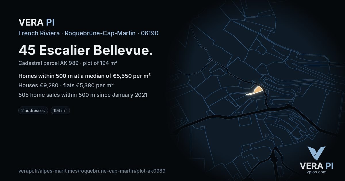 45 Escalier Bellevue, Roquebrune-Cap-Martin at night – the plot lit, the parcels around coloured by the prices near them