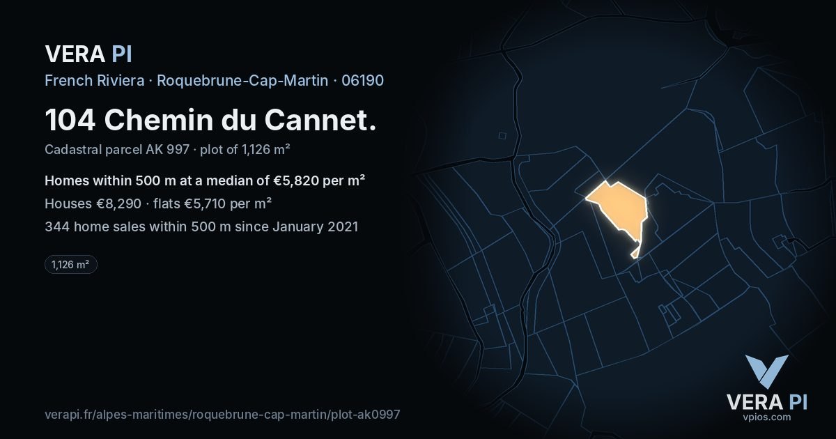 104 Chemin du Cannet, Roquebrune-Cap-Martin at night – the plot lit, the parcels around coloured by the prices near them