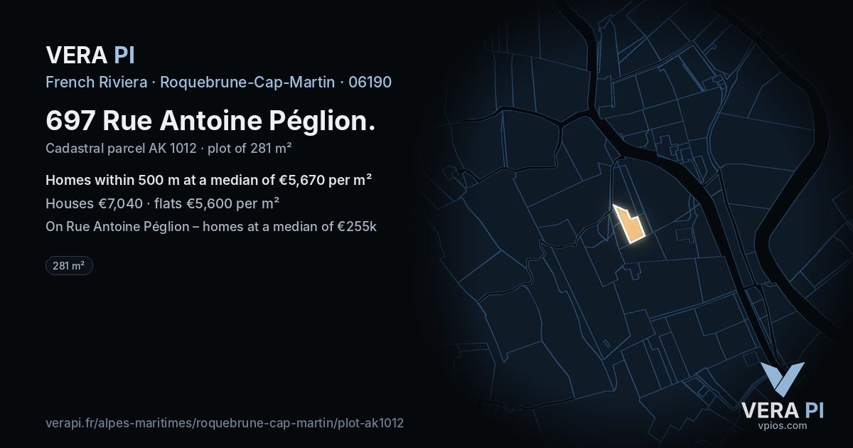 697 Rue Antoine Péglion, Roquebrune-Cap-Martin at night – the plot lit, the parcels around coloured by the prices near them