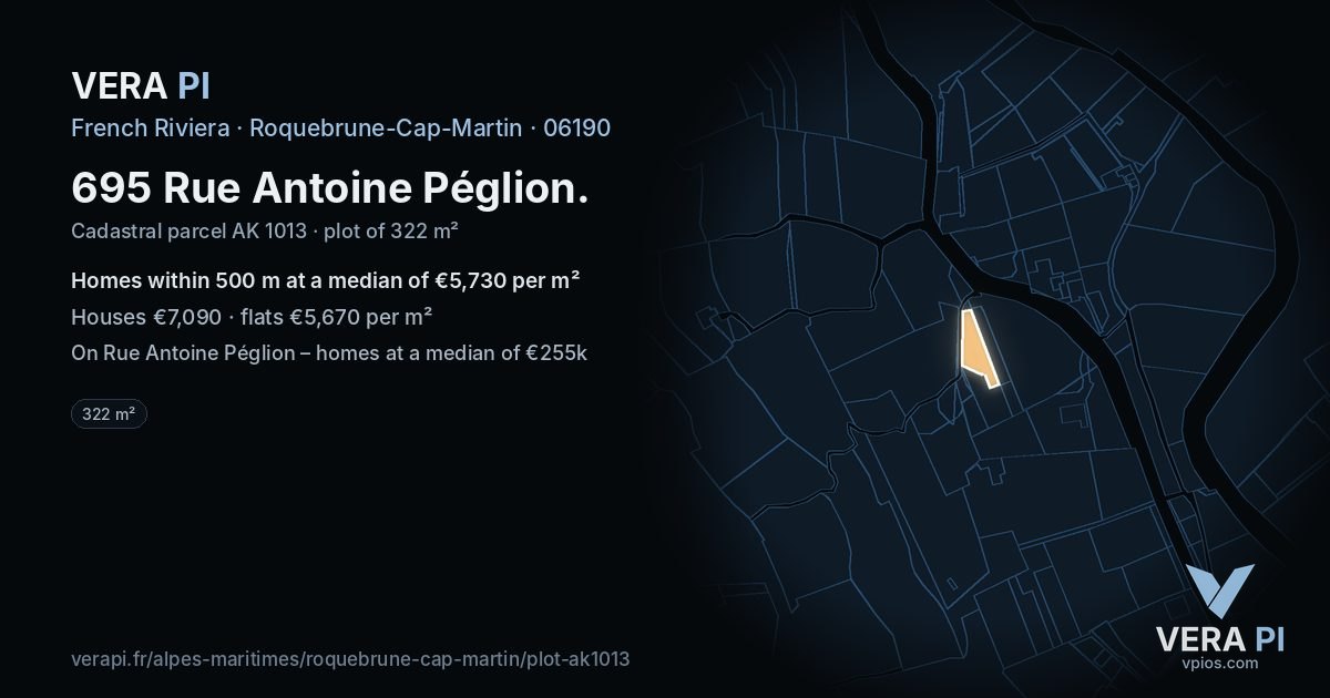 695 Rue Antoine Péglion, Roquebrune-Cap-Martin at night – the plot lit, the parcels around coloured by the prices near them
