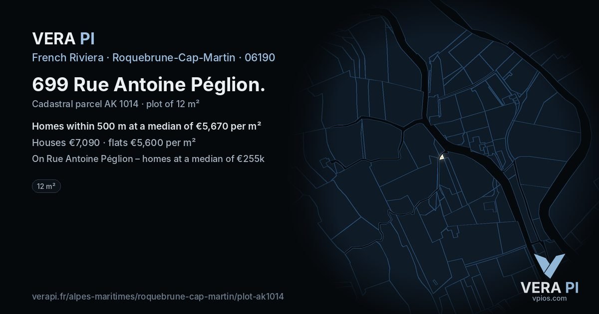 699 Rue Antoine Péglion, Roquebrune-Cap-Martin at night – the plot lit, the parcels around coloured by the prices near them