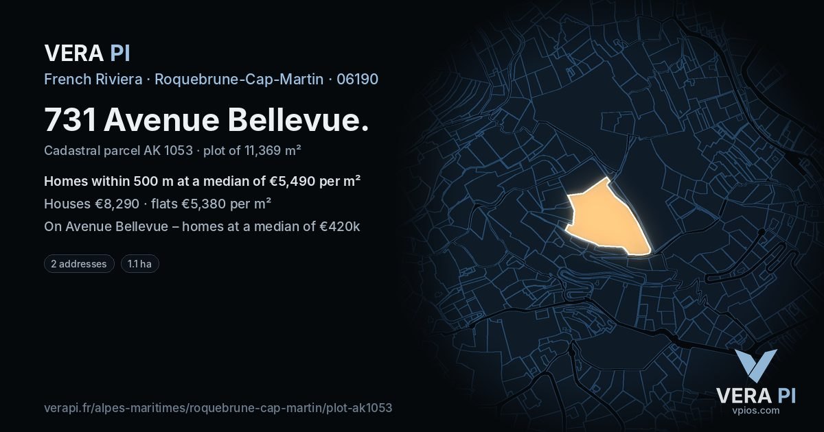 731 Avenue Bellevue, Roquebrune-Cap-Martin at night – the plot lit, the parcels around coloured by the prices near them