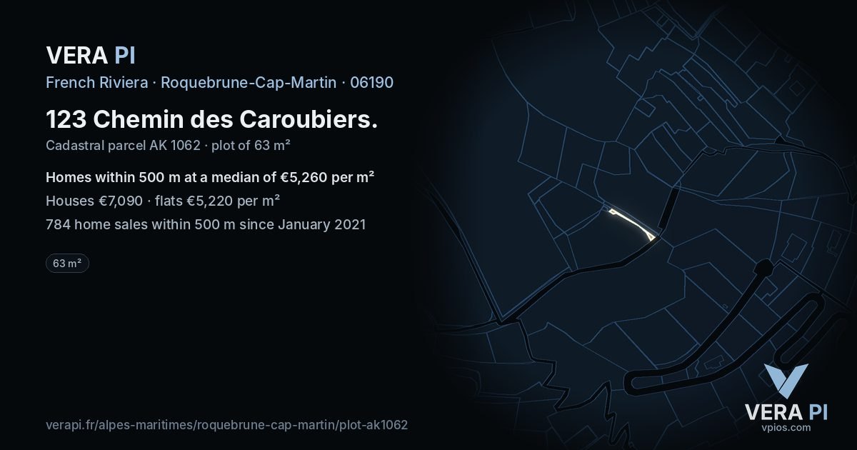 123 Chemin des Caroubiers, Roquebrune-Cap-Martin at night – the plot lit, the parcels around coloured by the prices near them