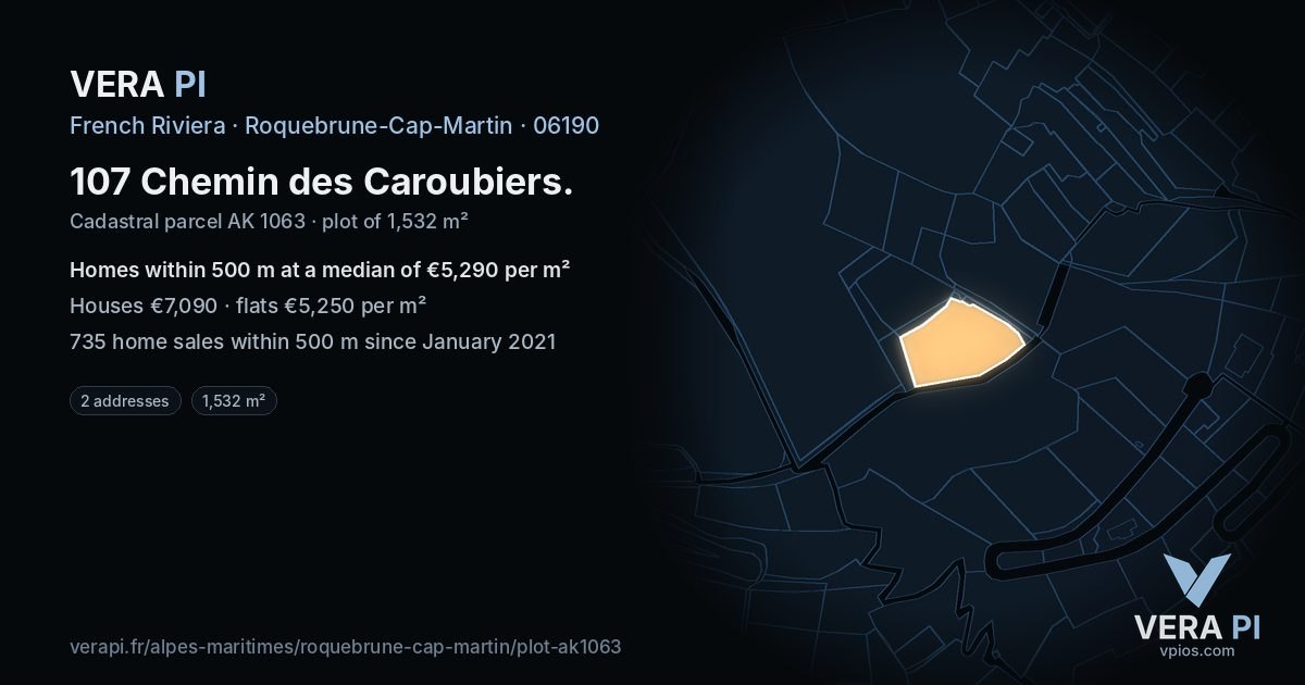 107 Chemin des Caroubiers, Roquebrune-Cap-Martin at night – the plot lit, the parcels around coloured by the prices near them