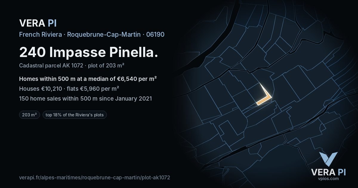 240 Impasse Pinella, Roquebrune-Cap-Martin at night – the plot lit, the parcels around coloured by the prices near them