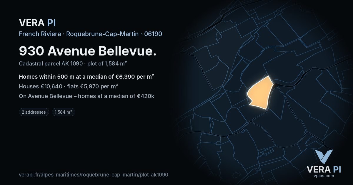 930 Avenue Bellevue, Roquebrune-Cap-Martin at night – the plot lit, the parcels around coloured by the prices near them