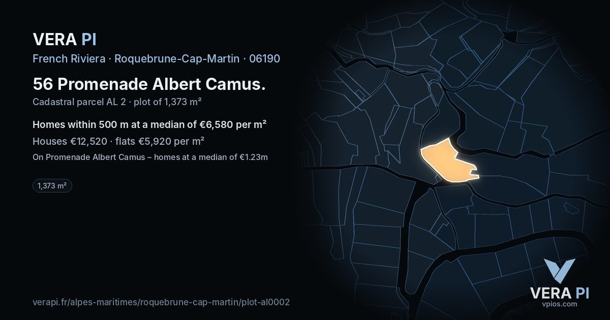 56 Promenade Albert Camus, Roquebrune-Cap-Martin at night – the plot lit, the parcels around coloured by the prices near them