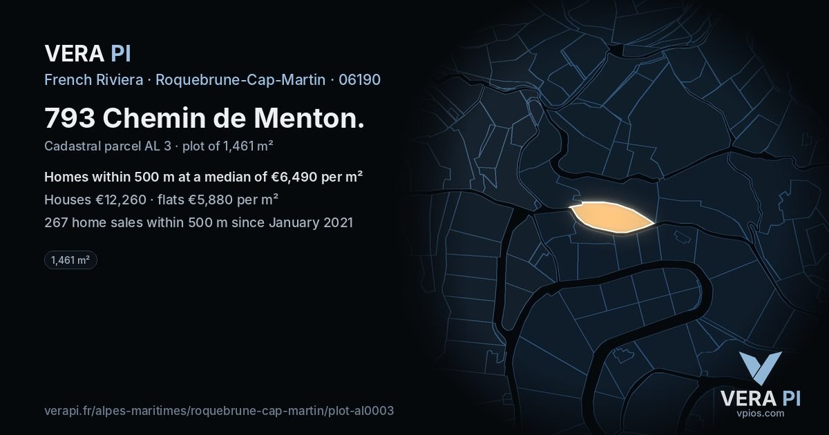 793 Chemin de Menton, Roquebrune-Cap-Martin at night – the plot lit, the parcels around coloured by the prices near them