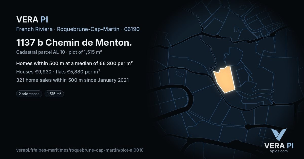 1137 b Chemin de Menton, Roquebrune-Cap-Martin at night – the plot lit, the parcels around coloured by the prices near them