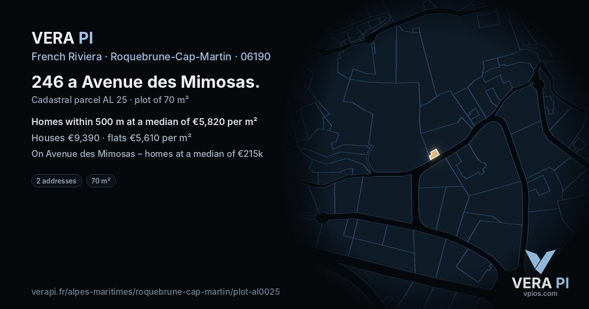 246 a Avenue des Mimosas, Roquebrune-Cap-Martin at night – the plot lit, the parcels around coloured by the prices near them