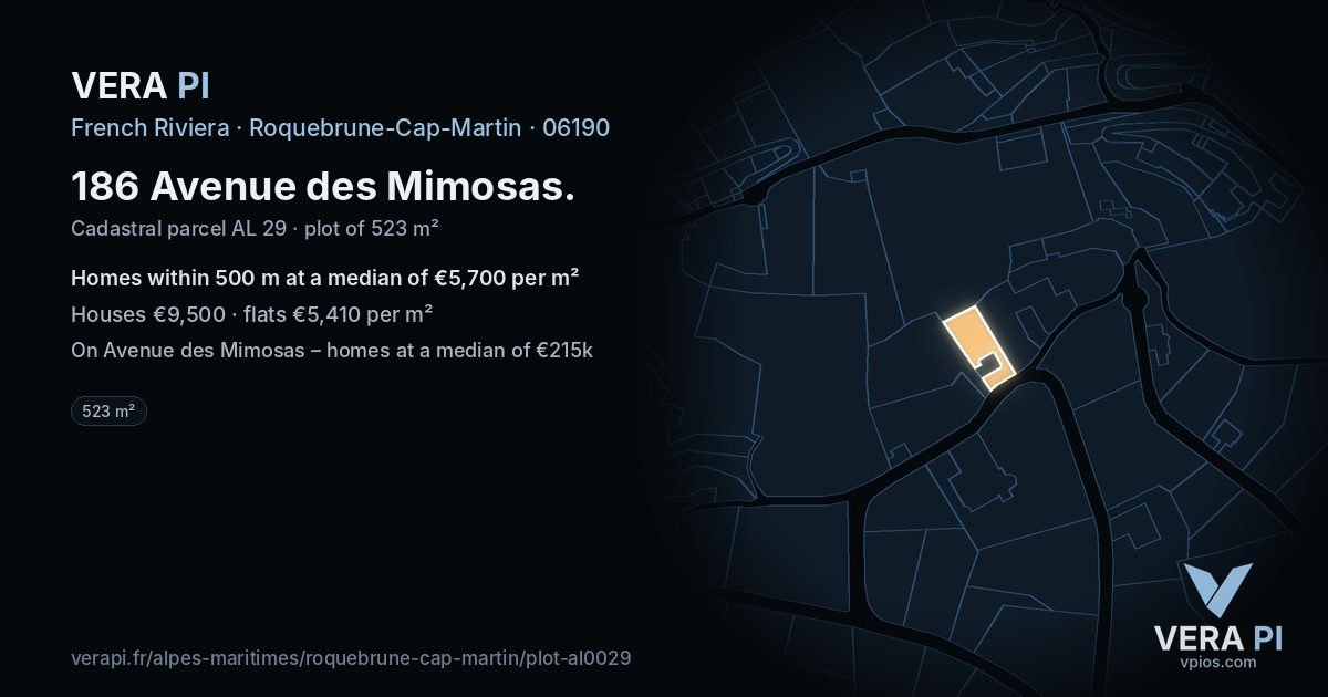 186 Avenue des Mimosas, Roquebrune-Cap-Martin at night – the plot lit, the parcels around coloured by the prices near them