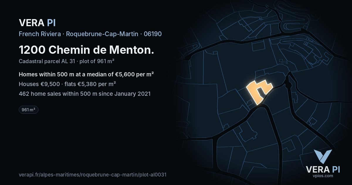 1200 Chemin de Menton, Roquebrune-Cap-Martin at night – the plot lit, the parcels around coloured by the prices near them