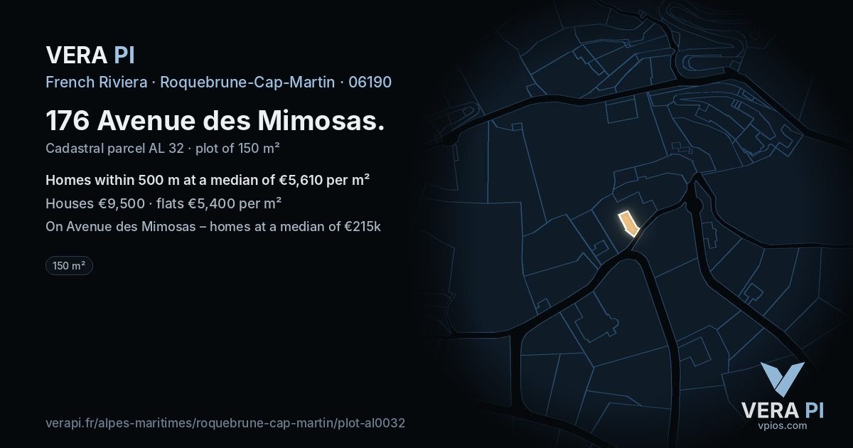 176 Avenue des Mimosas, Roquebrune-Cap-Martin at night – the plot lit, the parcels around coloured by the prices near them