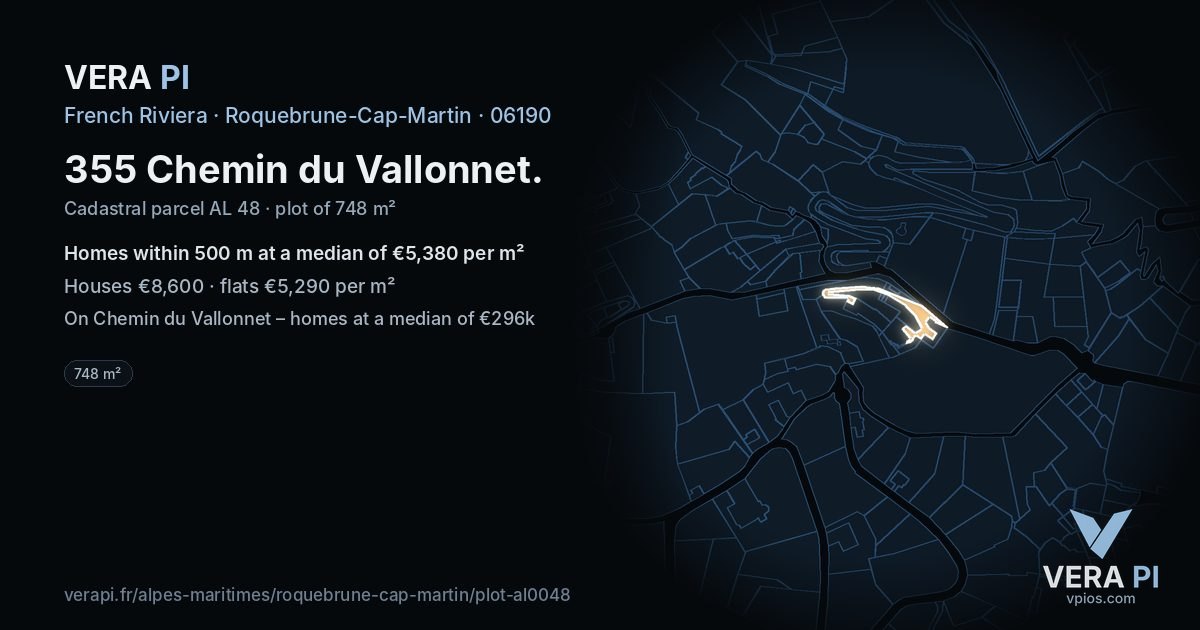 355 Chemin du Vallonnet, Roquebrune-Cap-Martin at night – the plot lit, the parcels around coloured by the prices near them