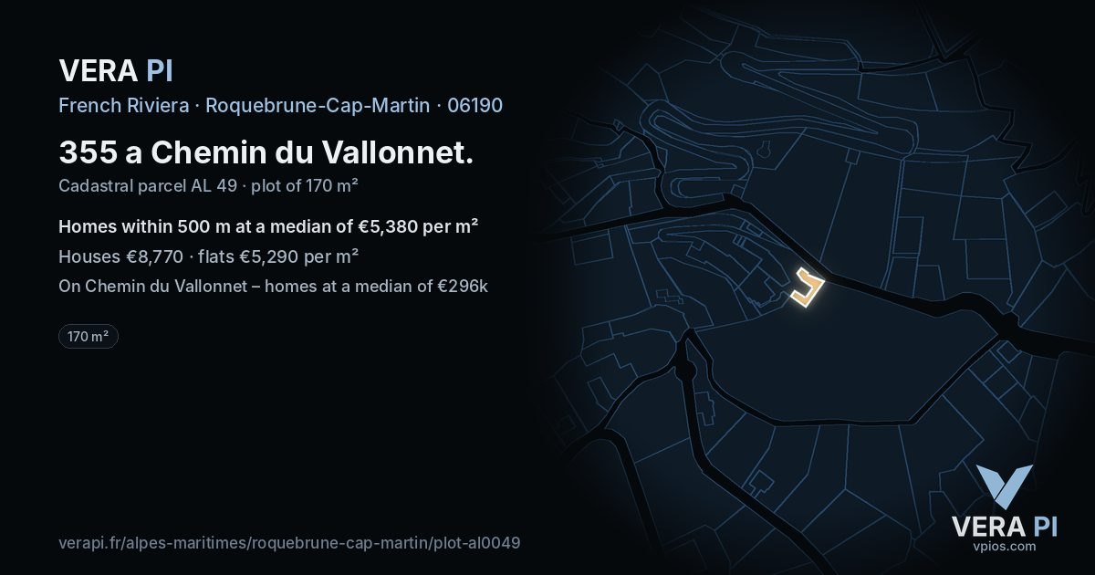 355 a Chemin du Vallonnet, Roquebrune-Cap-Martin at night – the plot lit, the parcels around coloured by the prices near them