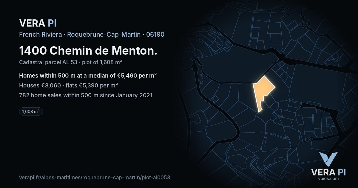 1400 Chemin de Menton, Roquebrune-Cap-Martin at night – the plot lit, the parcels around coloured by the prices near them