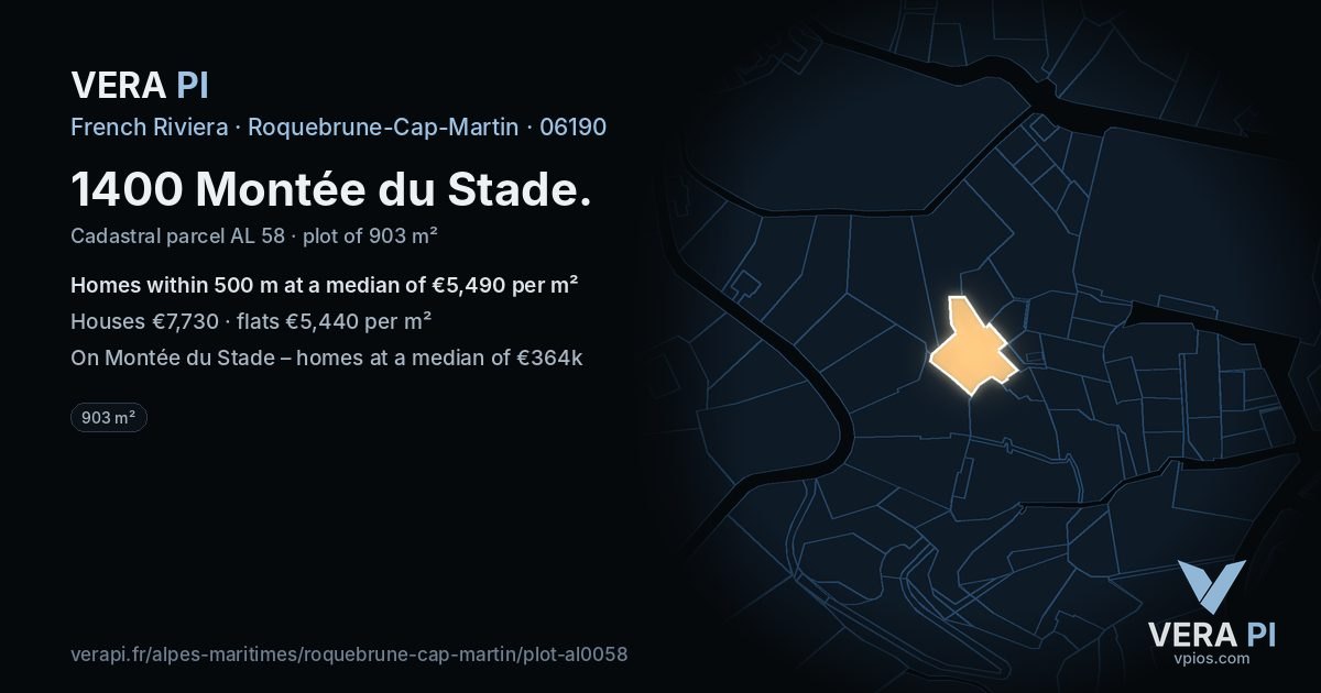1400 Montée du Stade, Roquebrune-Cap-Martin at night – the plot lit, the parcels around coloured by the prices near them