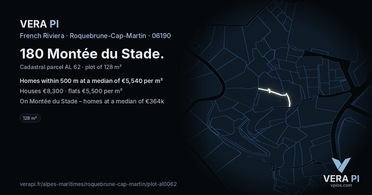 180 Montée du Stade, Roquebrune-Cap-Martin at night – the plot lit, the parcels around coloured by the prices near them