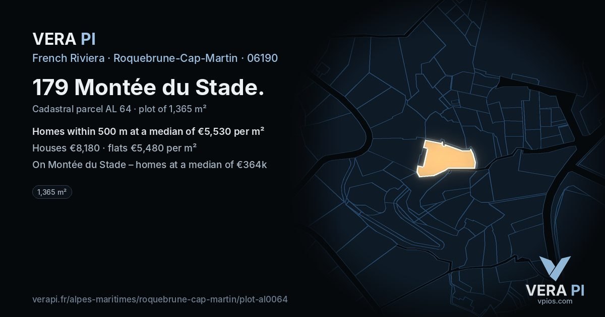 179 Montée du Stade, Roquebrune-Cap-Martin at night – the plot lit, the parcels around coloured by the prices near them