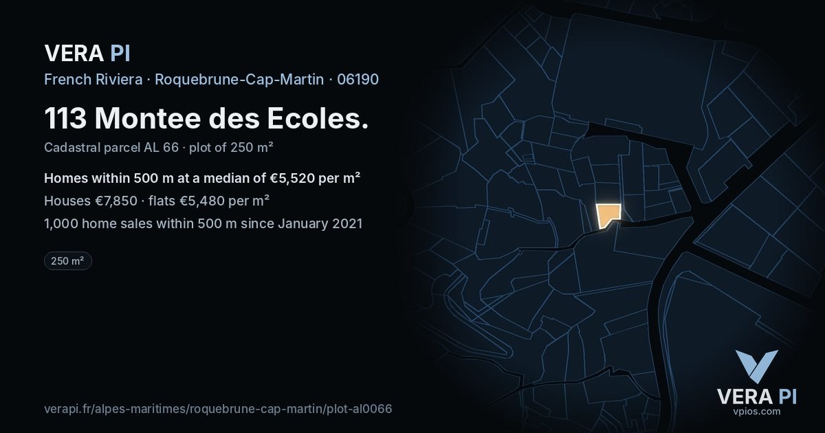 113 Montee des Ecoles, Roquebrune-Cap-Martin at night – the plot lit, the parcels around coloured by the prices near them