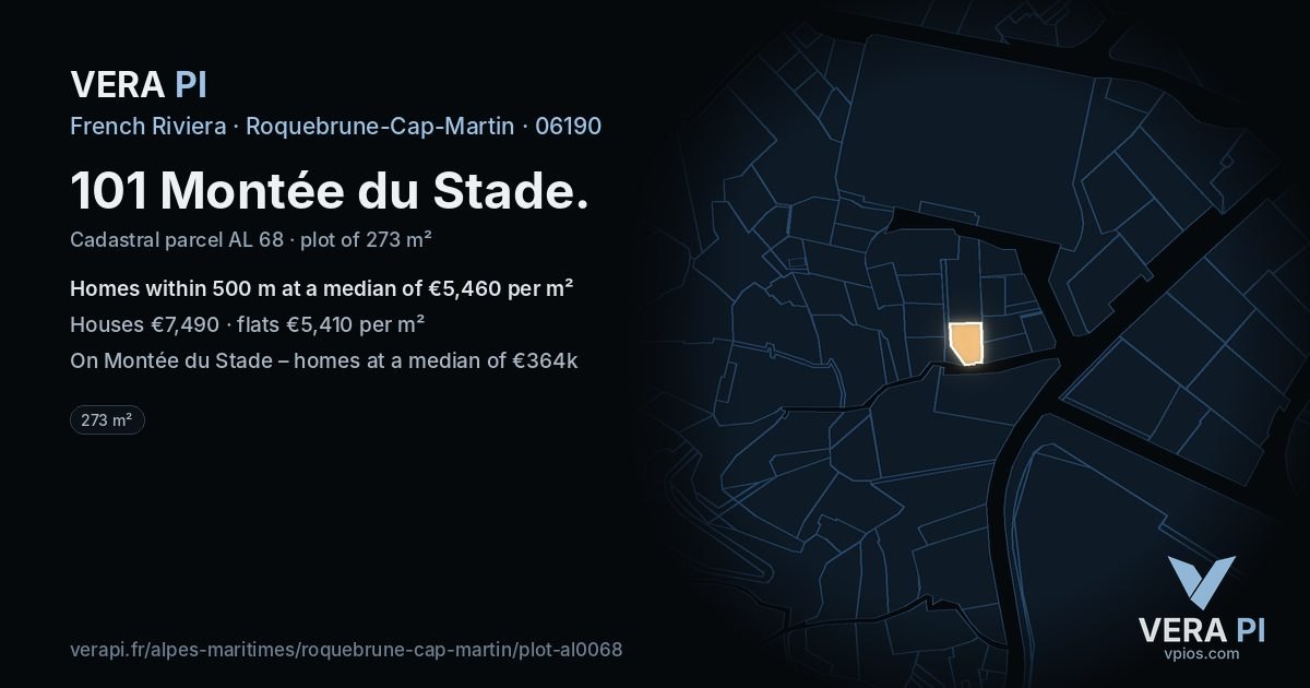 101 Montée du Stade, Roquebrune-Cap-Martin at night – the plot lit, the parcels around coloured by the prices near them