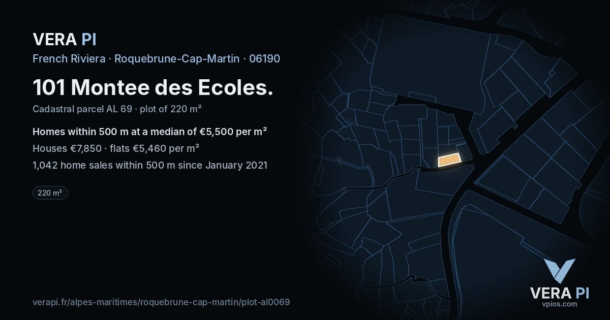 101 Montee des Ecoles, Roquebrune-Cap-Martin at night – the plot lit, the parcels around coloured by the prices near them