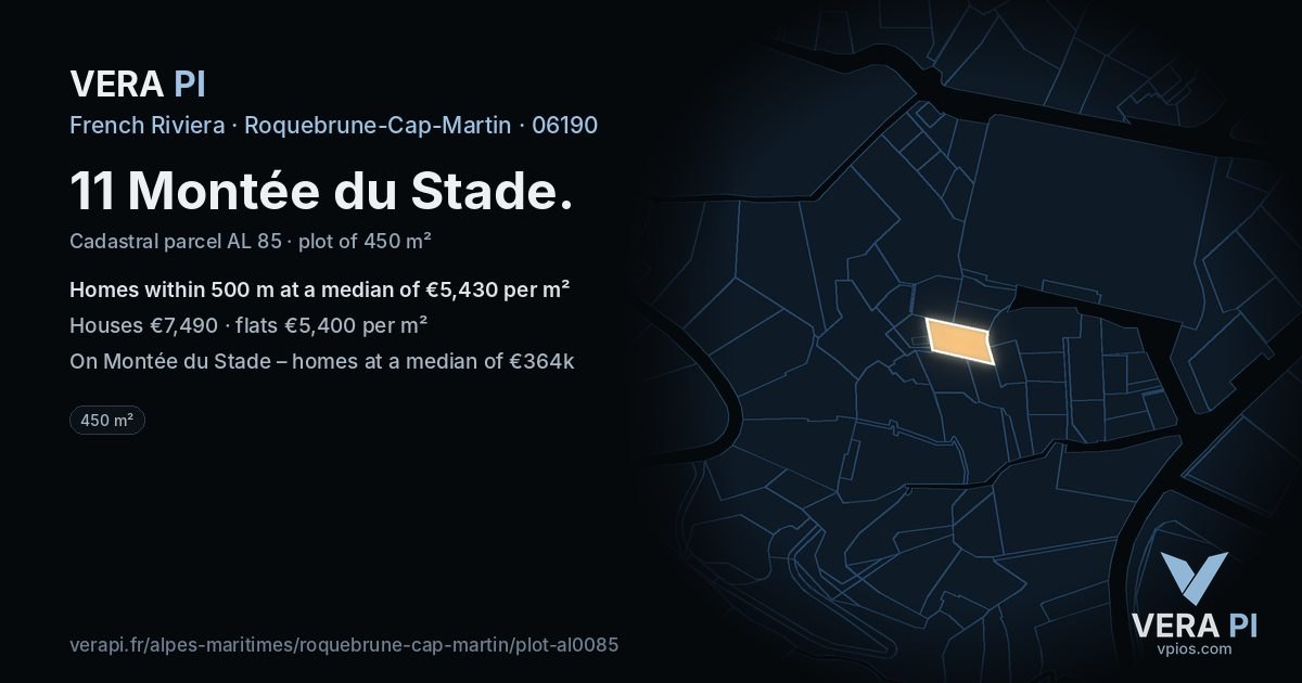 11 Montée du Stade, Roquebrune-Cap-Martin at night – the plot lit, the parcels around coloured by the prices near them