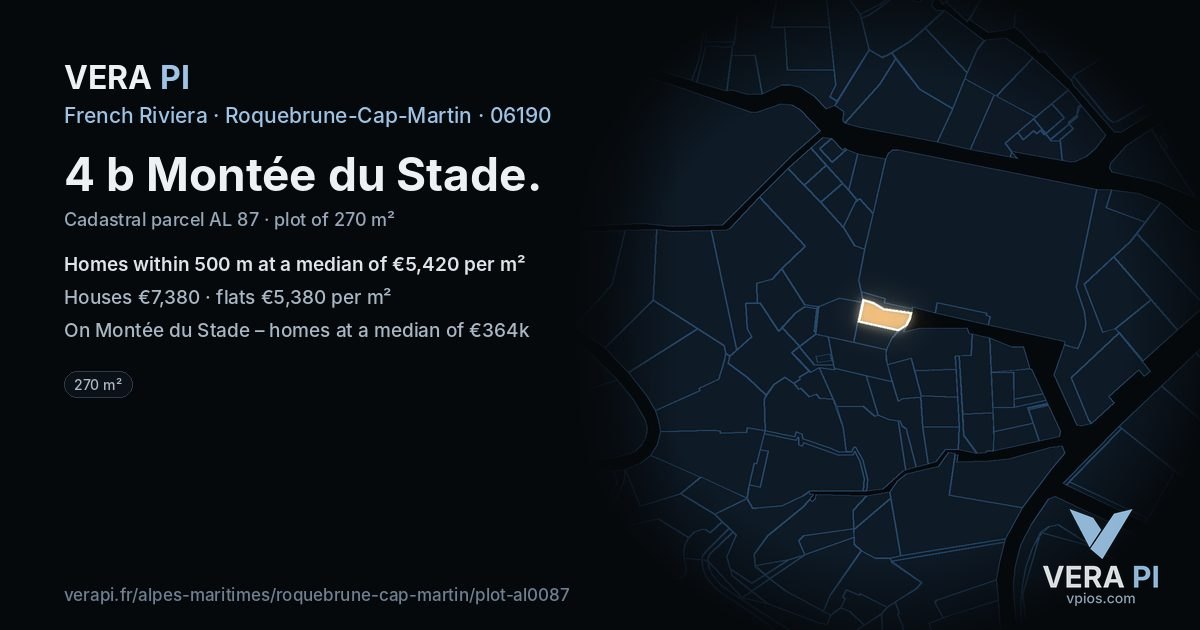 4 b Montée du Stade, Roquebrune-Cap-Martin at night – the plot lit, the parcels around coloured by the prices near them
