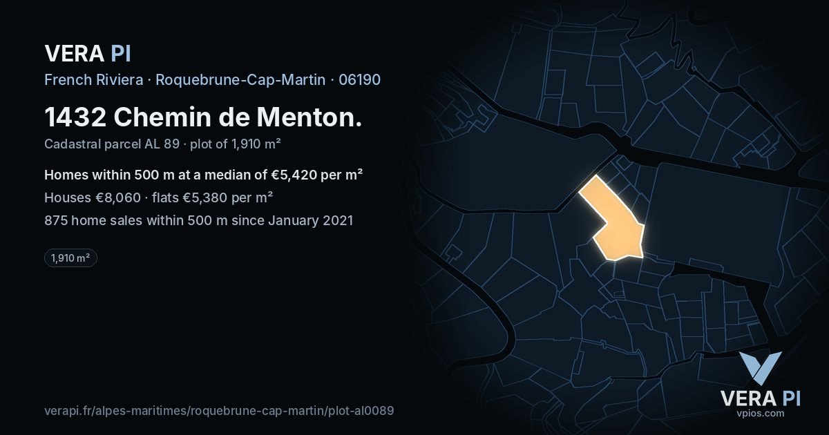 1432 Chemin de Menton, Roquebrune-Cap-Martin at night – the plot lit, the parcels around coloured by the prices near them