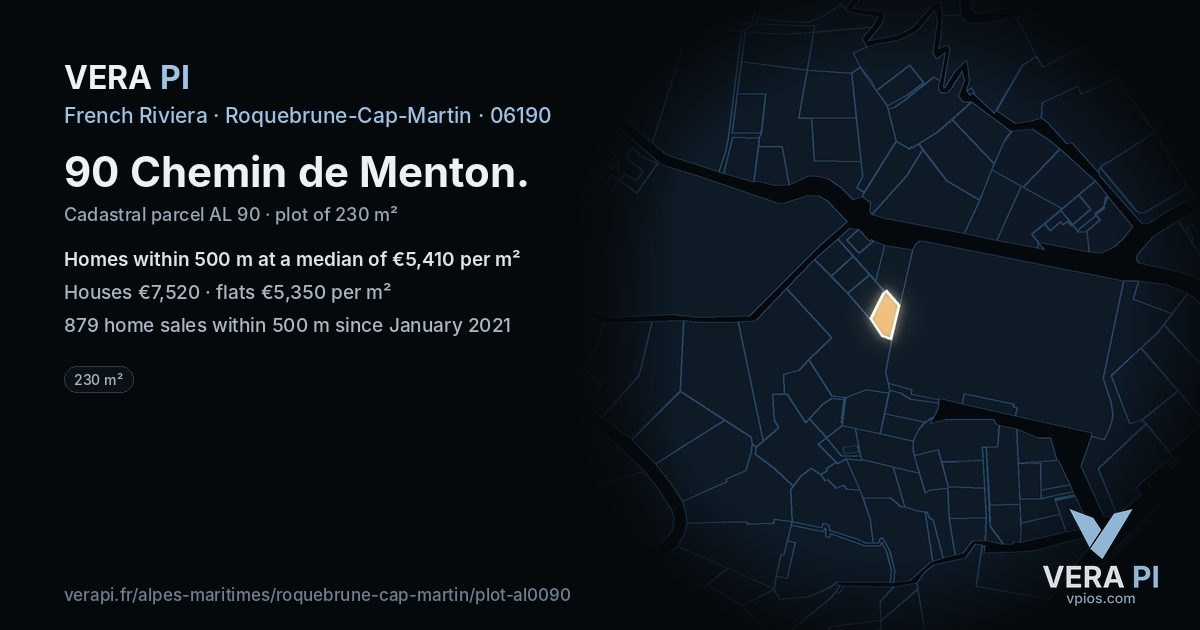 90 Chemin de Menton, Roquebrune-Cap-Martin at night – the plot lit, the parcels around coloured by the prices near them