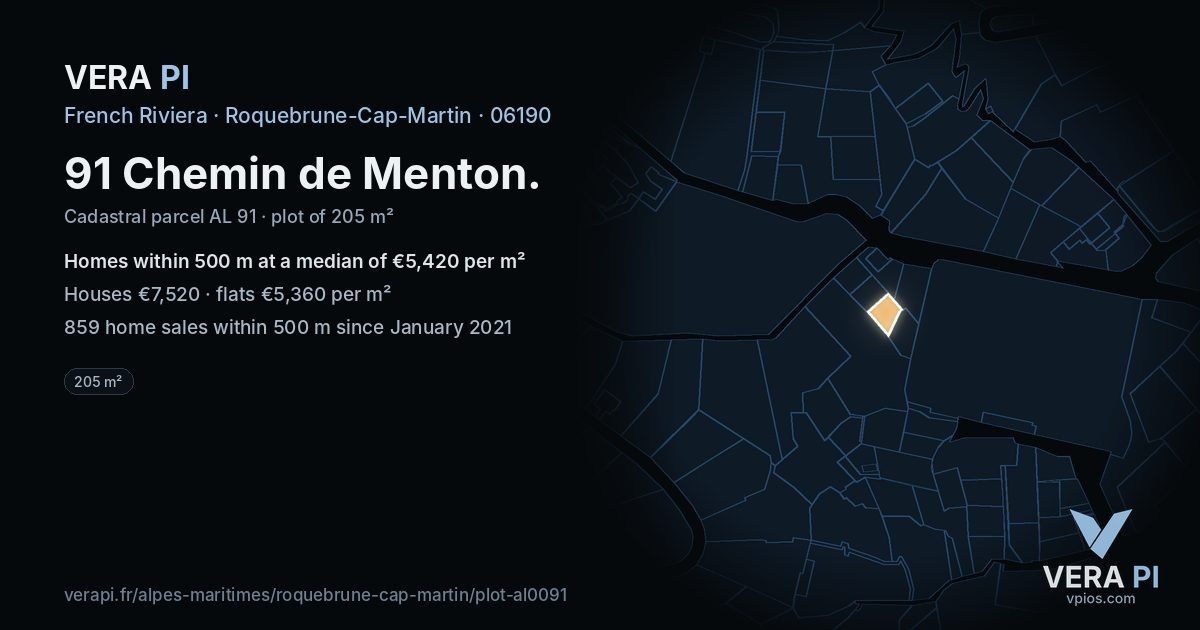 91 Chemin de Menton, Roquebrune-Cap-Martin at night – the plot lit, the parcels around coloured by the prices near them