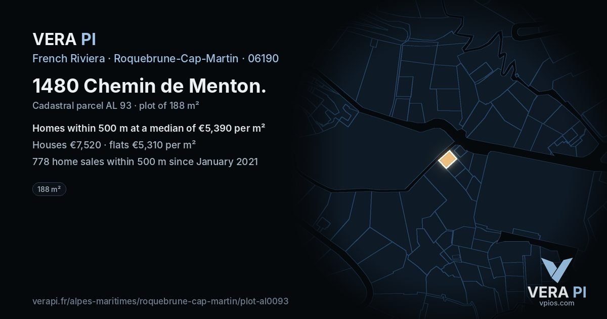 1480 Chemin de Menton, Roquebrune-Cap-Martin at night – the plot lit, the parcels around coloured by the prices near them