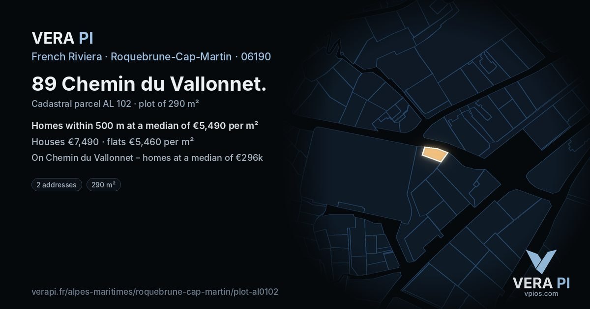 89 Chemin du Vallonnet, Roquebrune-Cap-Martin at night – the plot lit, the parcels around coloured by the prices near them